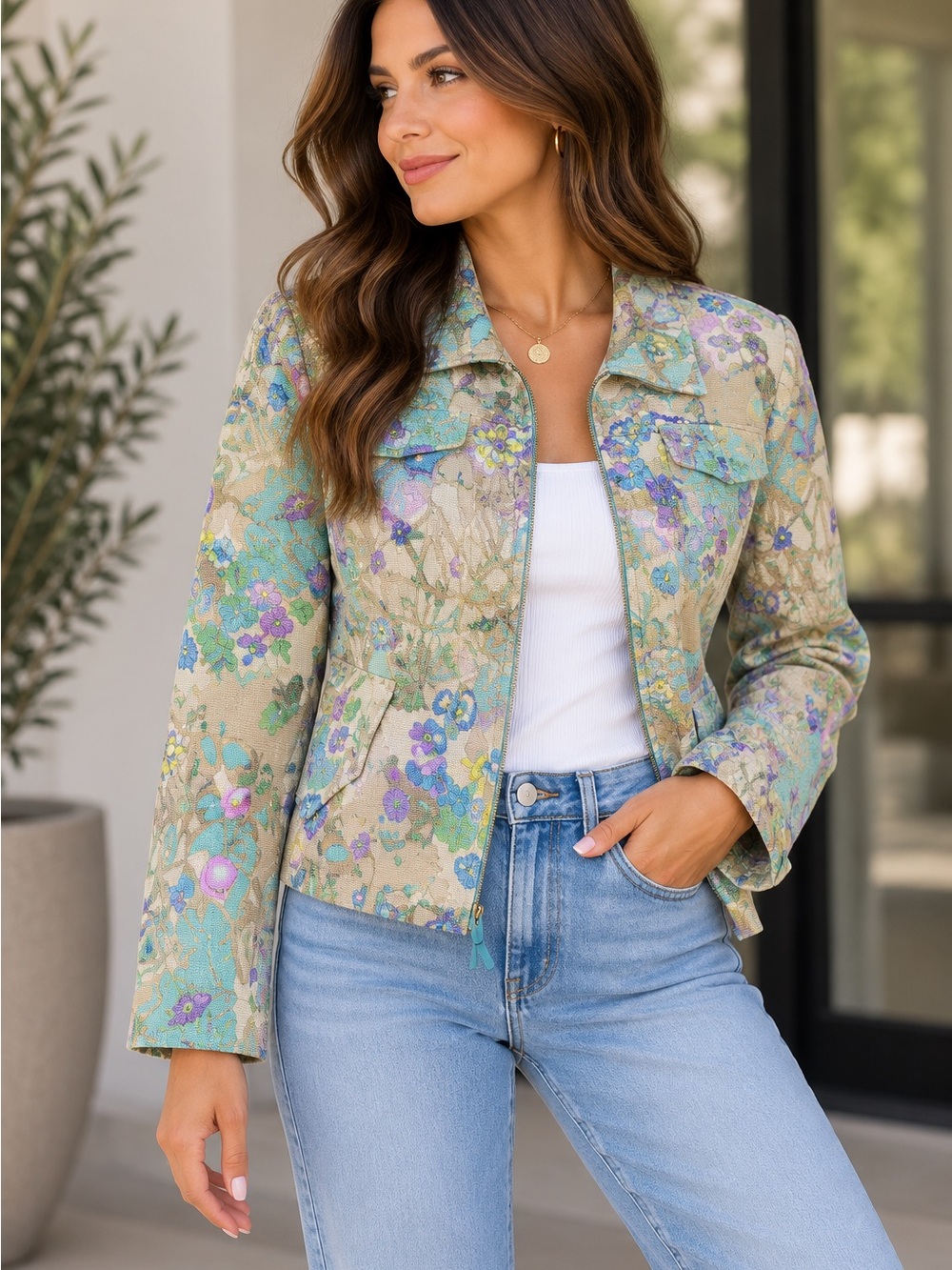 Carlisle Floral Print Zip Front Jacket Blazer Tan Teal‎ Purple Size 6